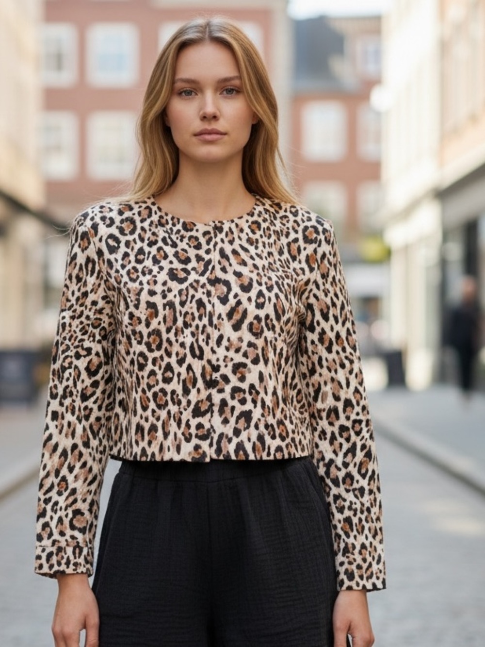 NWT Avec Les Filles Leopard Print Open Front Cropped Jacket Size 8 Tan Black